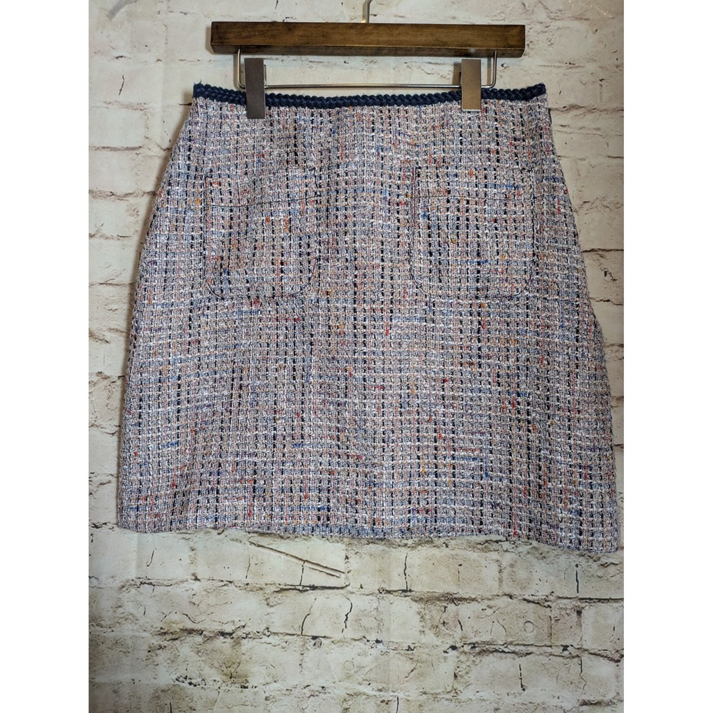 LOFT Tweed Skirt Women's 6 Rainbow & Navy Blue Preppy Pockets Academia Zip